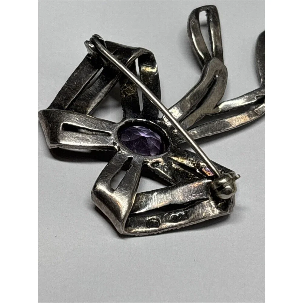 Sterling Silver 925 Bow Ribbon Design Pin Brooch Amethyst Marcasite